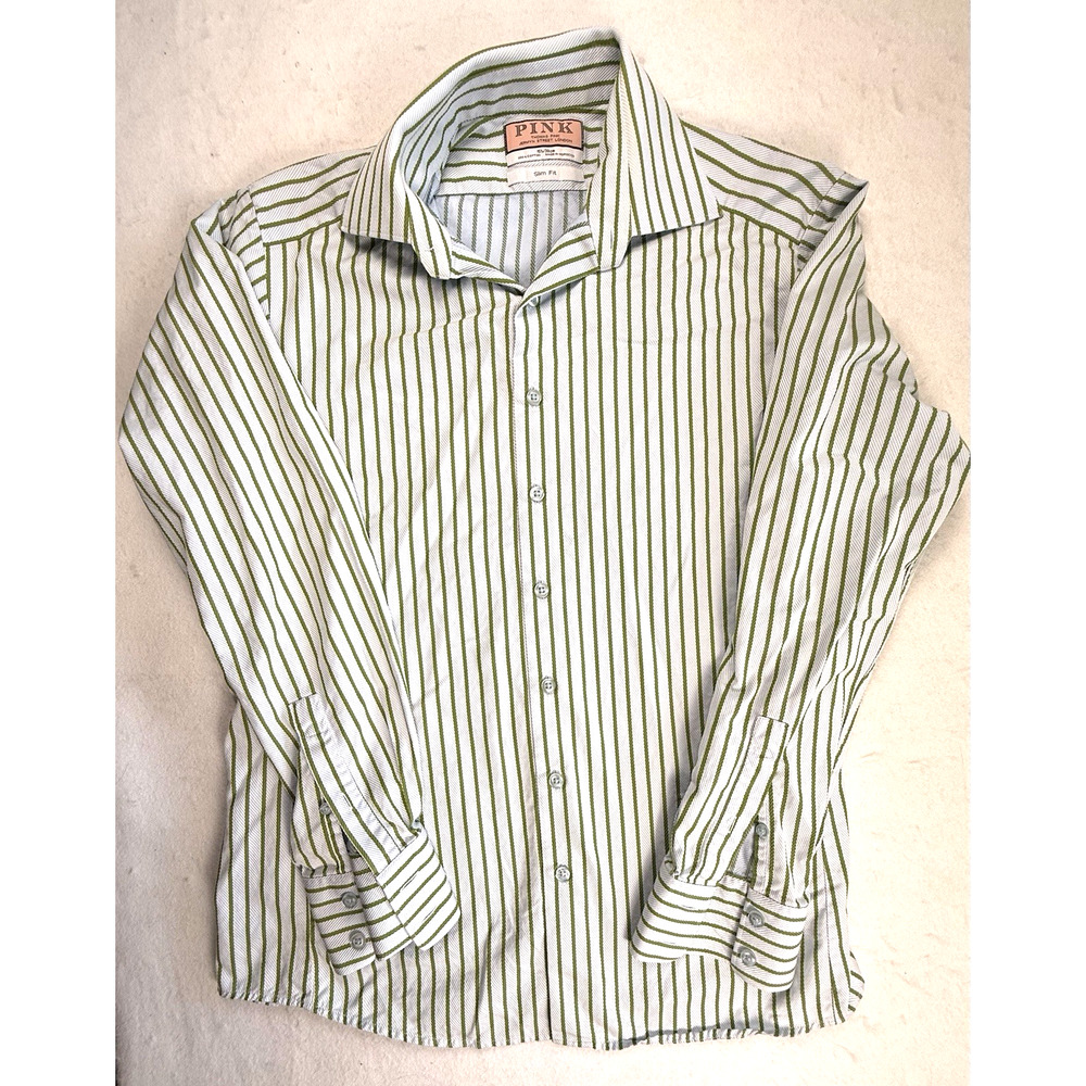 Thomas Pink dress shirt men 15.5 white green stripes Classic Designer Slim fit